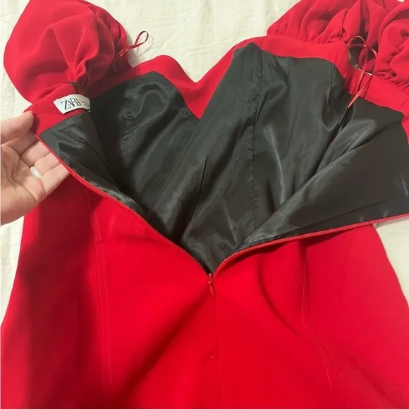 Zara Sweetheart Off the Shoulder Puff Sleeve Red Valentine’s Day Mini Dress M - Picture 13 of 14